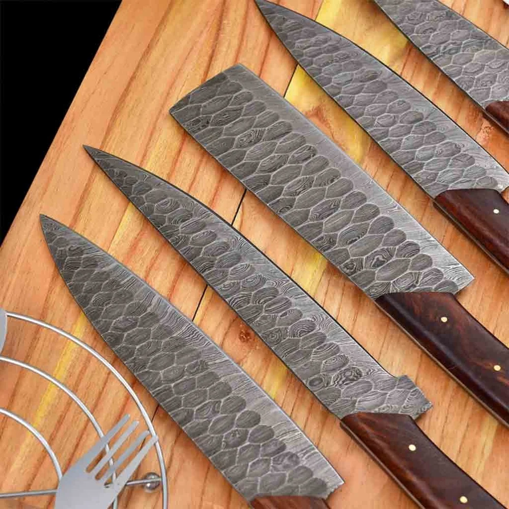 Damascus Steel Kitchen Knives Set Handmade knife with Rose Wood Handle NEW